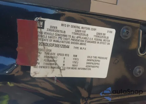 2006 Chevrolet Equinox Lt из США, поврежденный, VIN 2CNDL63F366120544